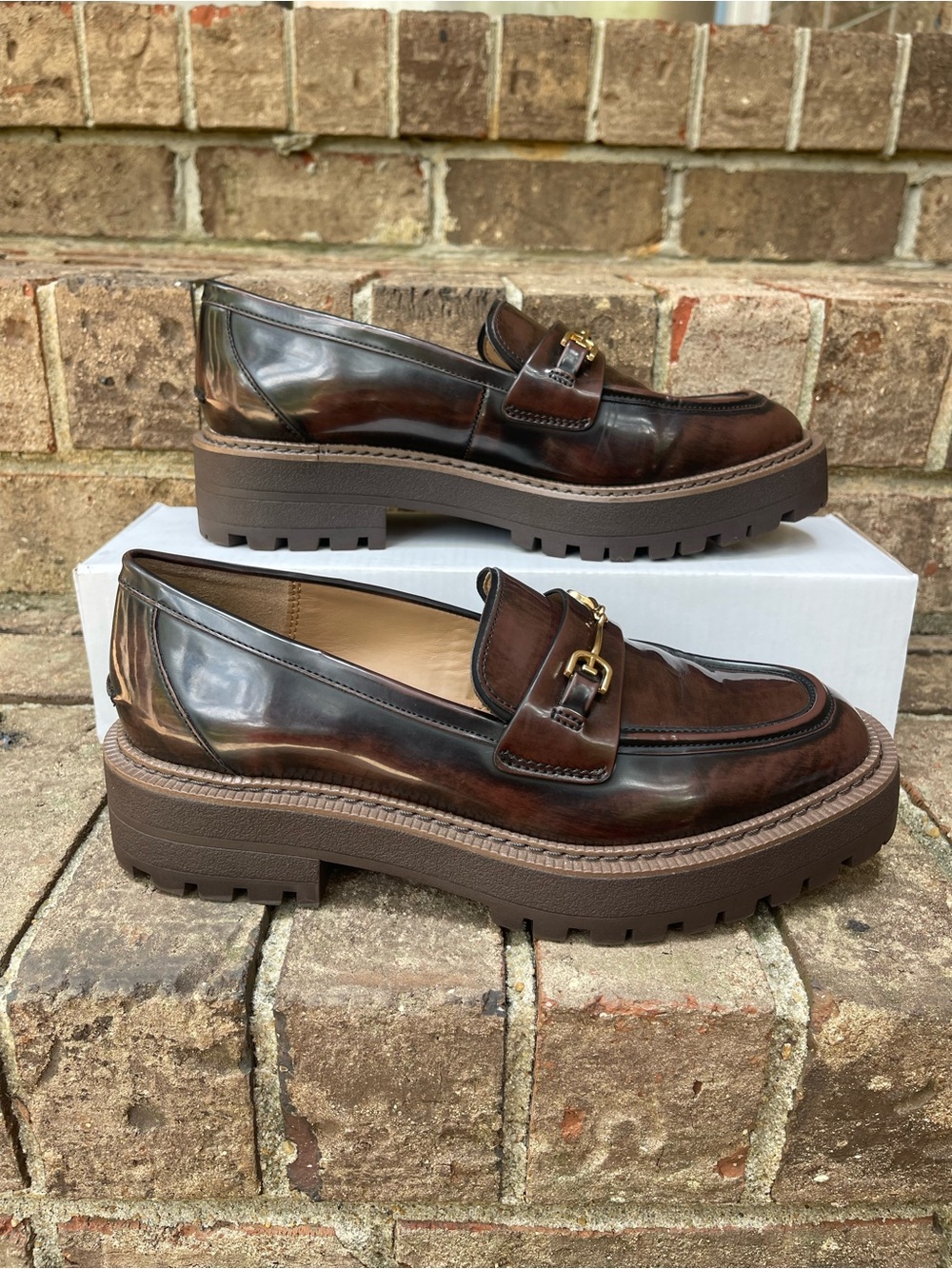 Sam Edelman Brown Lug Sole Horsebit Loafers Glossy Platform Shoes Women’s 8.5 - Picture 4 of 16